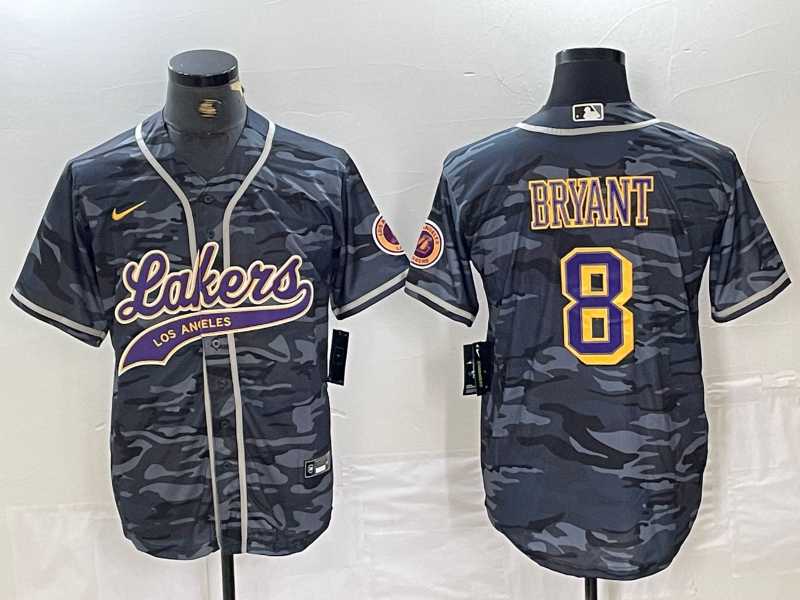 Mens Los Angeles Lakers #8 Kobe Bryant Grey Camo Cool Base Stitched Baseball Jersey->los angeles lakers->NBA Jersey